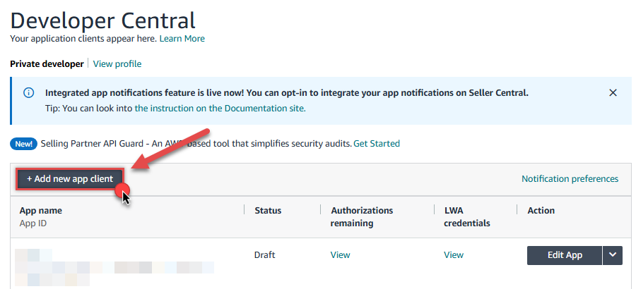 Add new app client as Amazon private developer