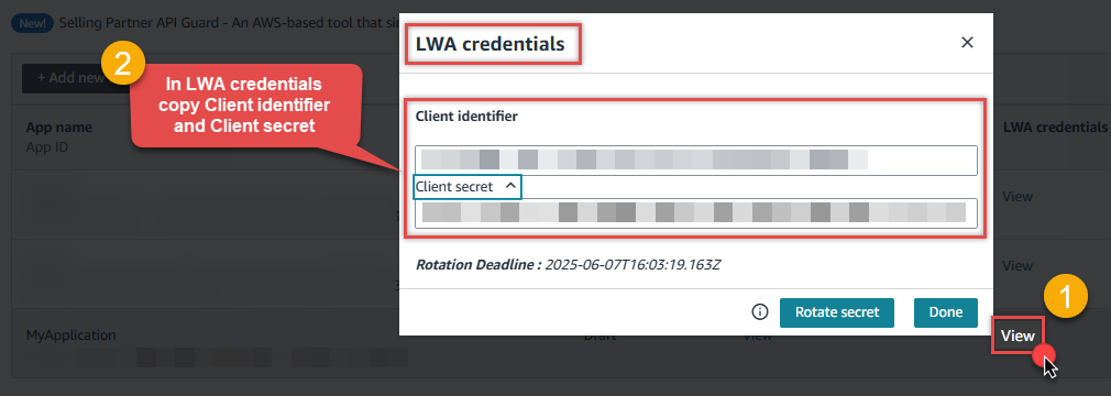 Copy client id and client secret of Private app in Amazon