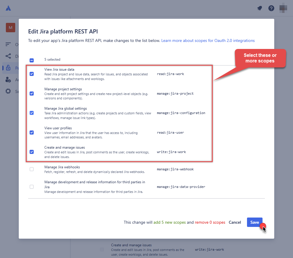 Add Jira scopes in OAuth app in Atlassian