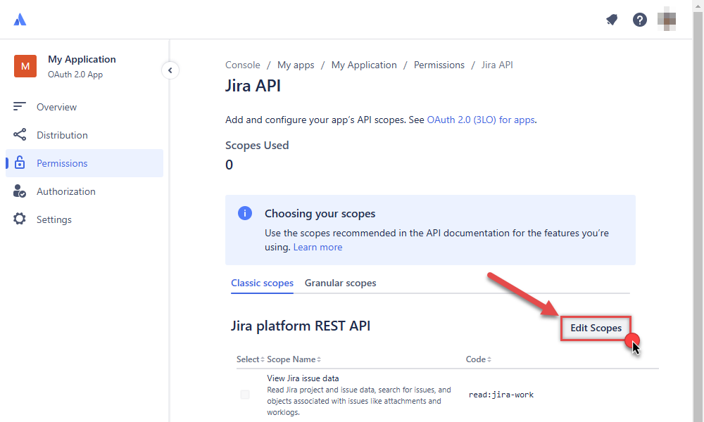 Edit scopes in OAuth app in Atlassian