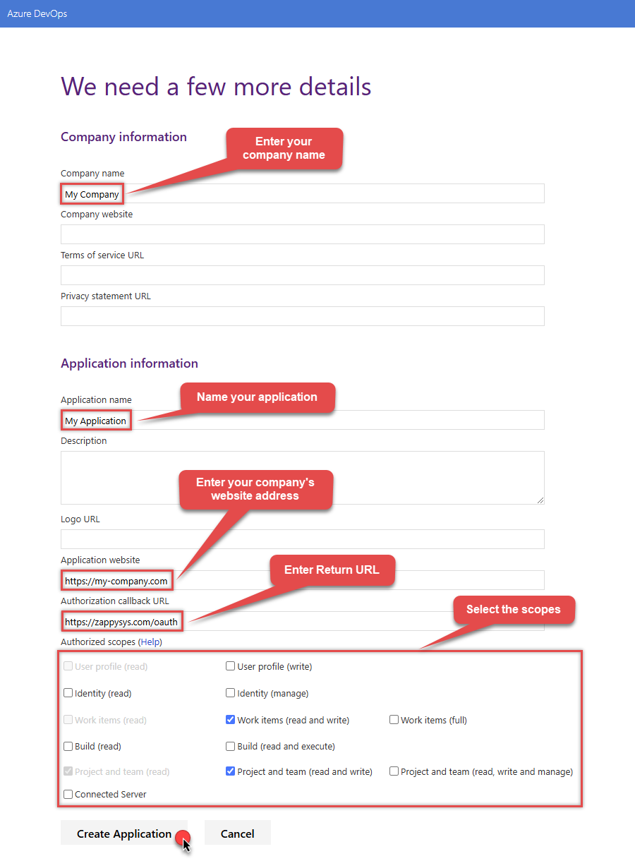 Create OAuth application in Azure DevOps