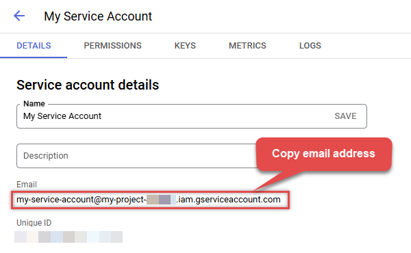 Copy service account email address in Google Cloud