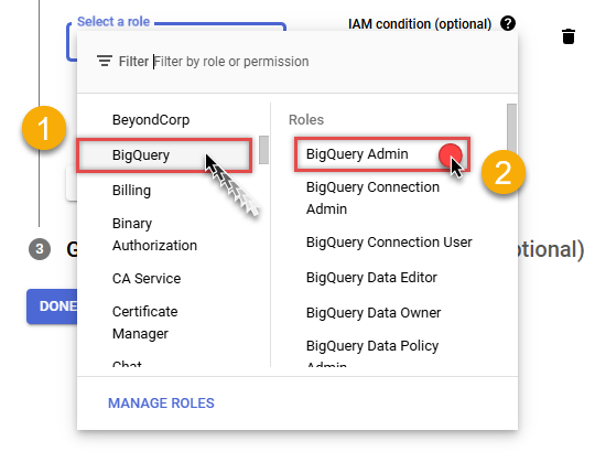 Grant service account BigQuery Admin role