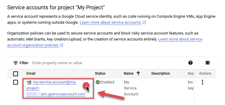 Open service account in Google Cloud