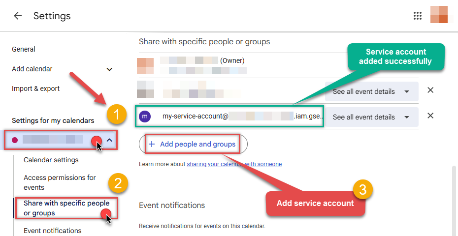 Share Google Calendar with service account