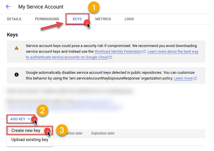 Start creating key for service account in Google Cloud