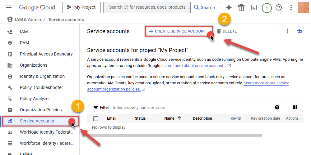 Start creating service account in Google Cloud