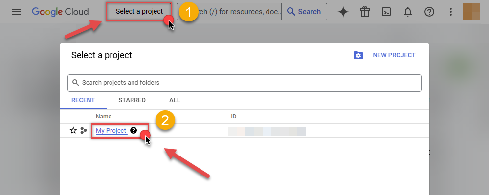 Select project in Google Cloud
