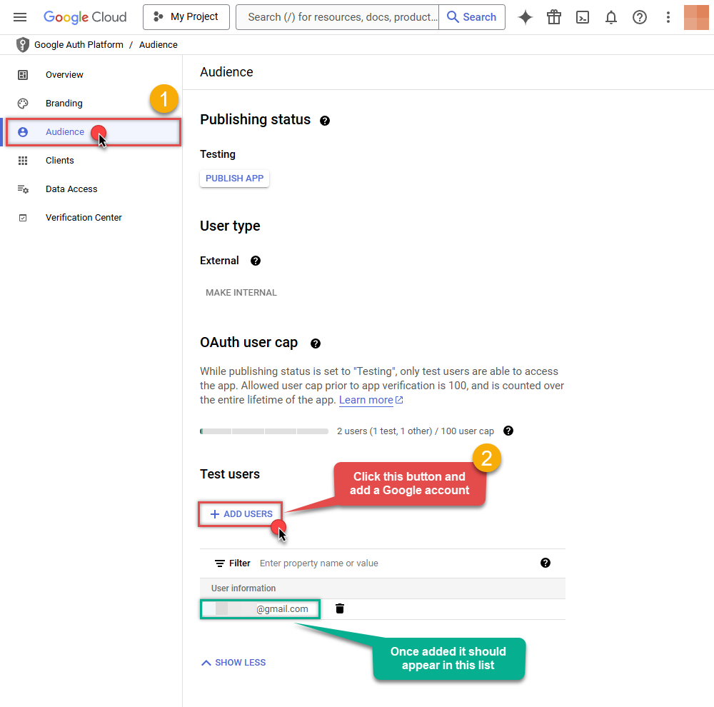 Add test user in Google Cloud app