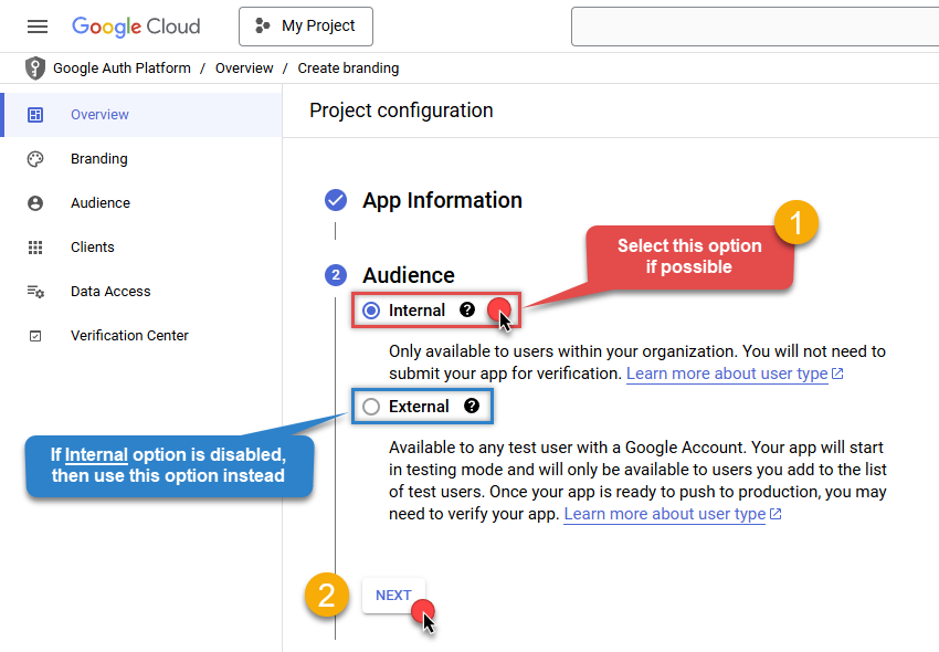 Choose app audience in Google Cloud