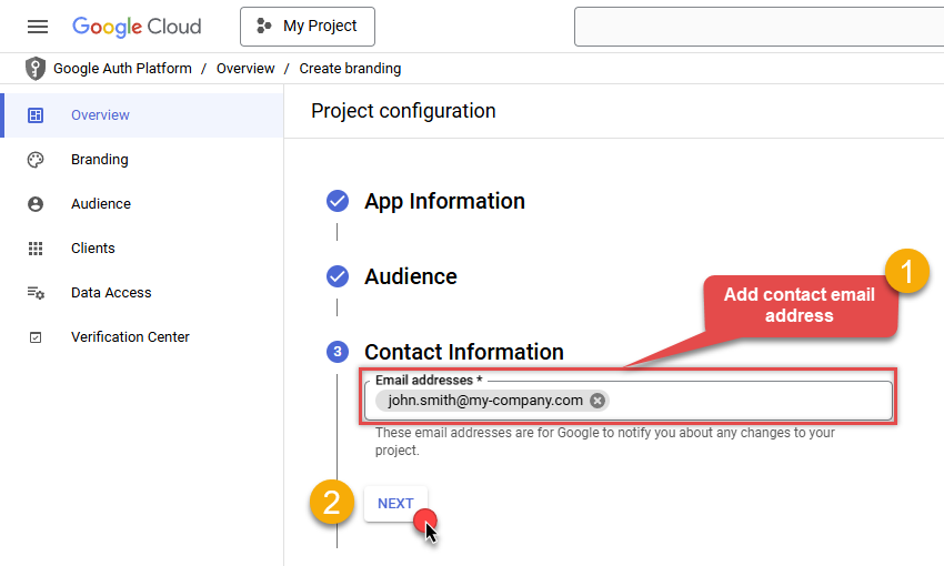 Enter app contact info in Google Cloud