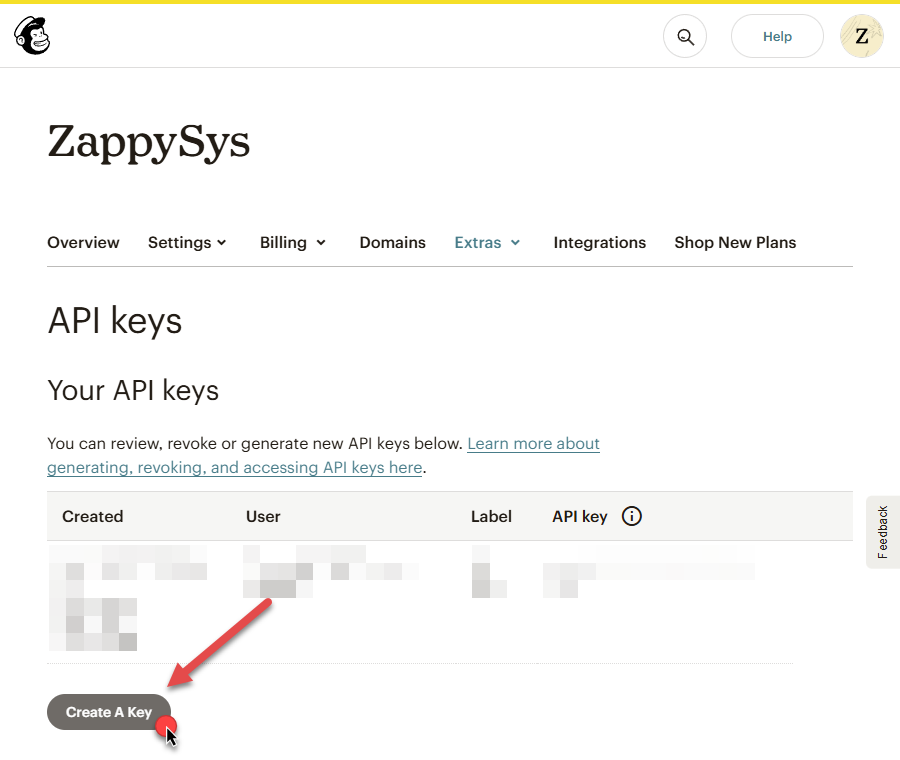 Create new API Key in Mailchimp