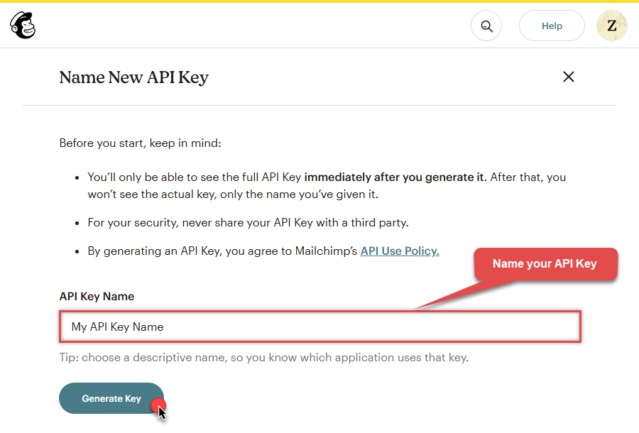 Name API Key in Mailchimp