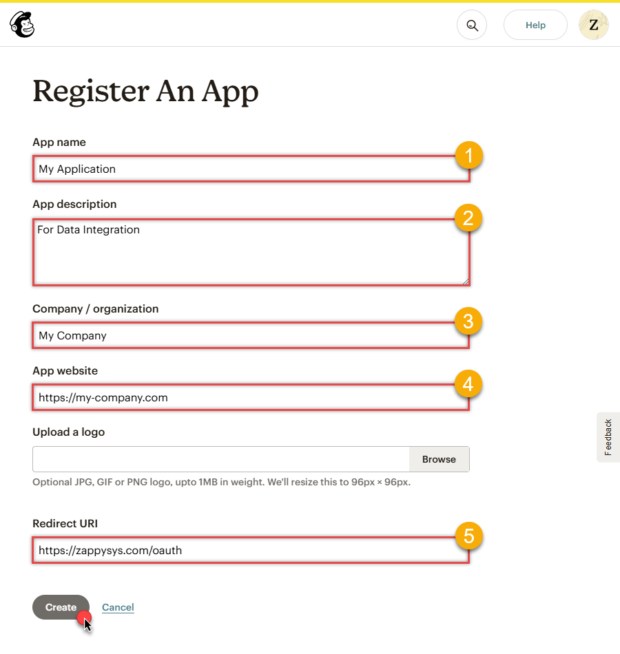 Enter OAuth app details in Mailchimp