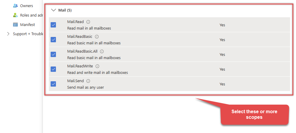 Select Outlook Mail application scopes