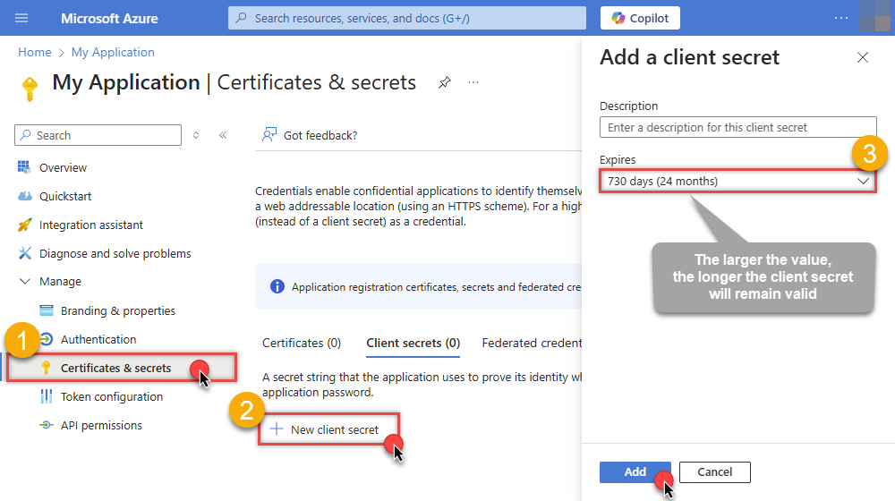 Add Client secret for Microsoft Entra ID app