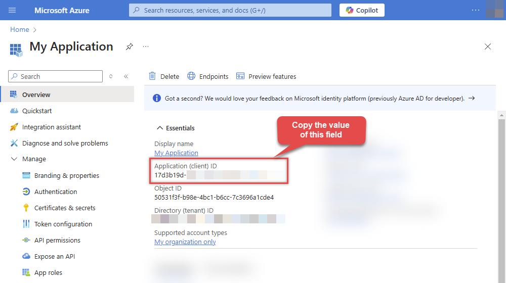 Copy client ID of Microsoft Entra ID app