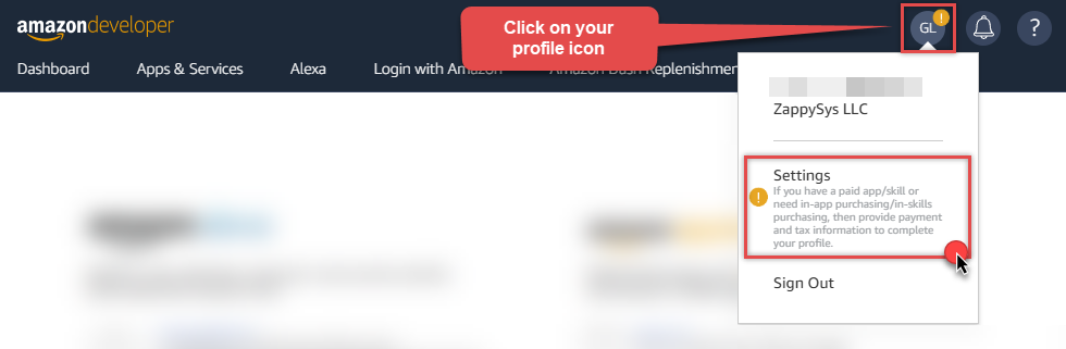 Amazon developer profile settings