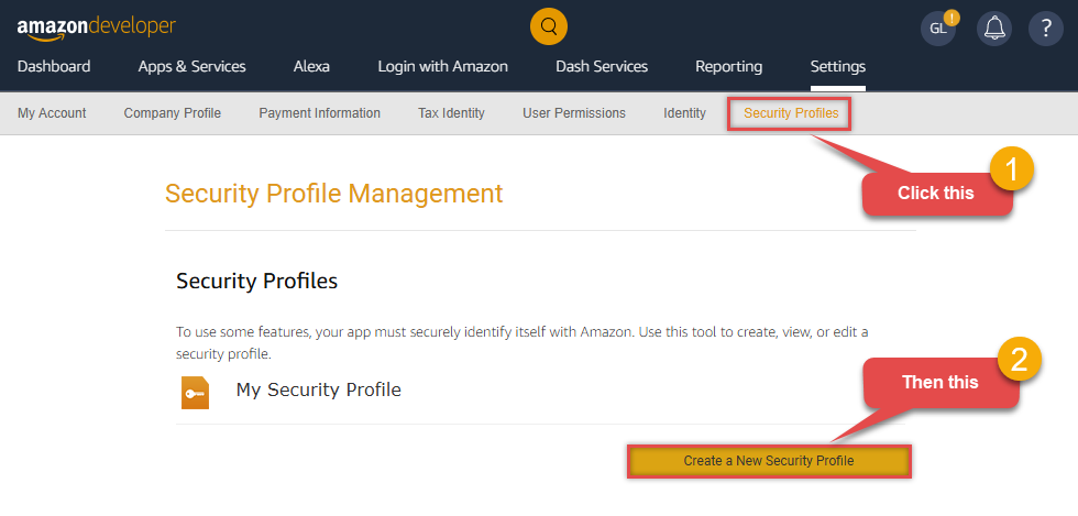 Create Amazon developer security profile