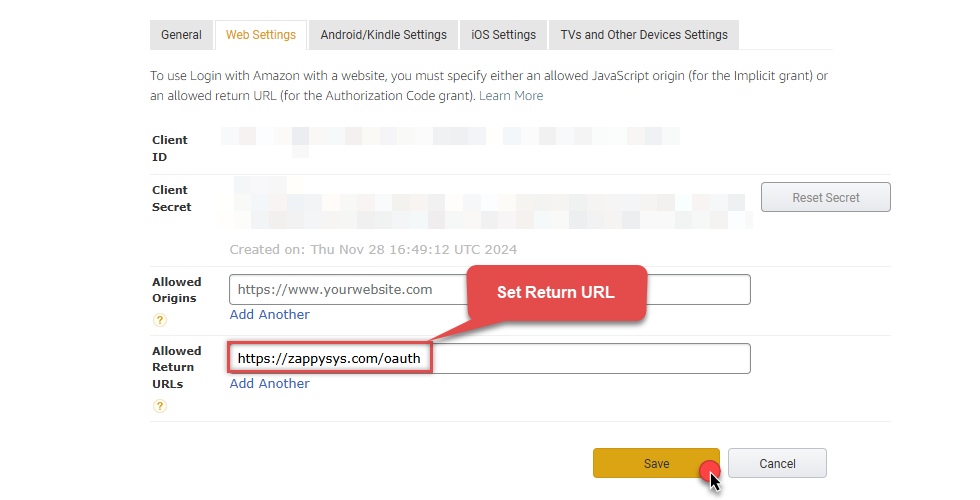 Set return URLs in Amazon developer security profile
