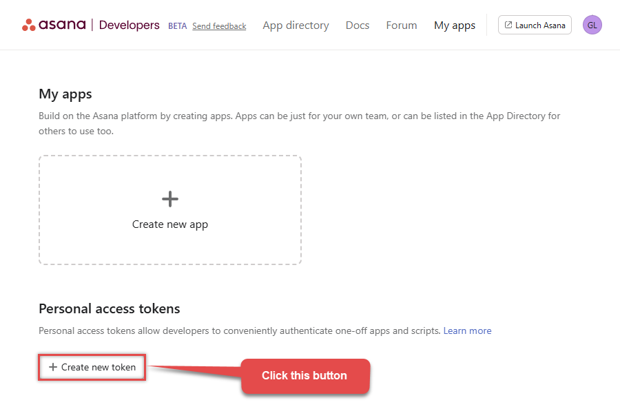 Create Personal Access Token in Asana