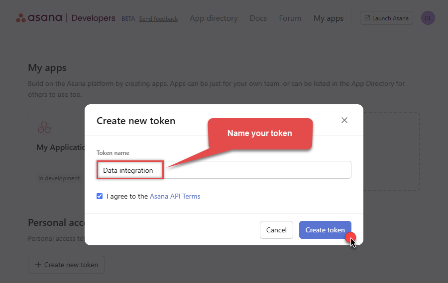 Name Personal Access Token in Asana