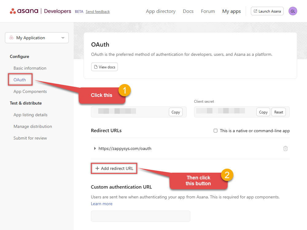 Add redirect URL to Asana OAuth app