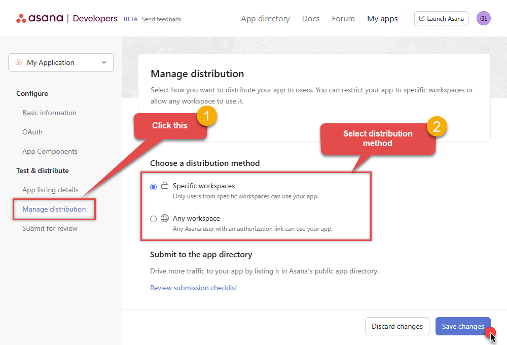 Choose distribution method in Asana OAuth app