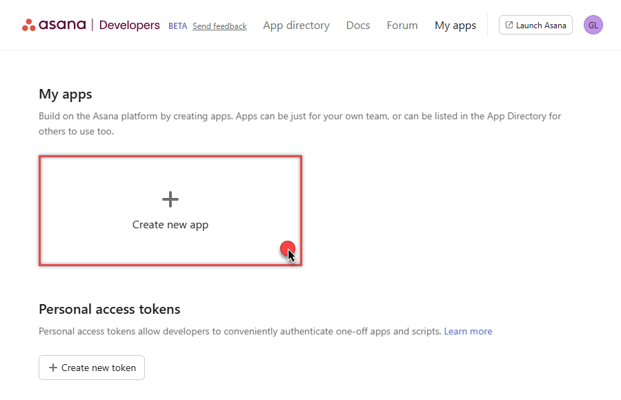 Create new OAuth app in Asana