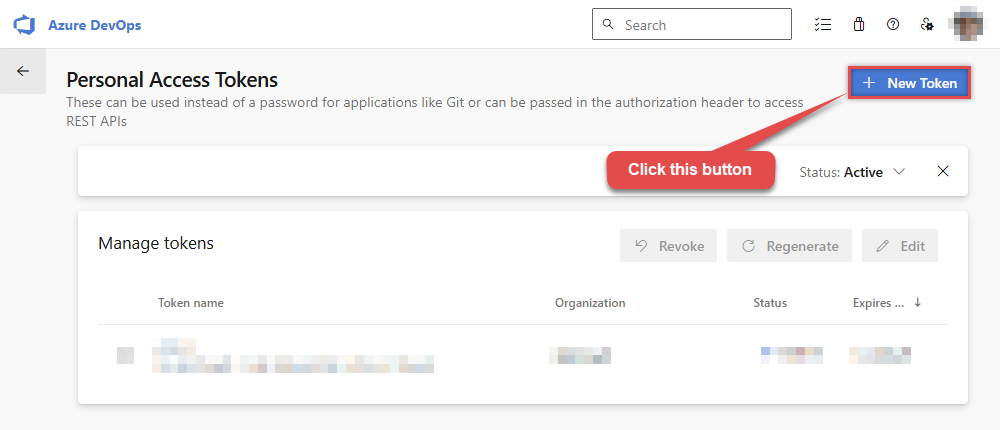 Create new token in Azure DevOps