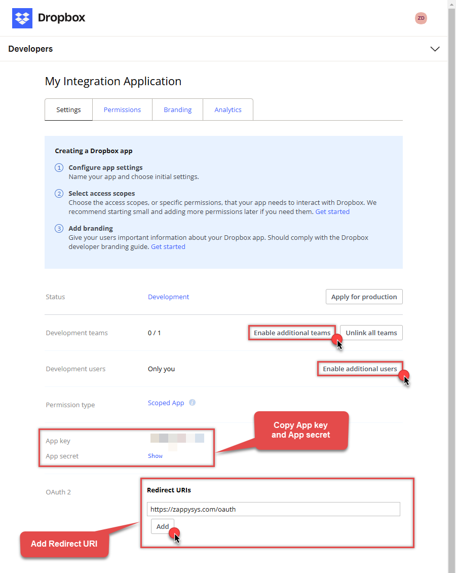 Configure OAuth app in Dropbox