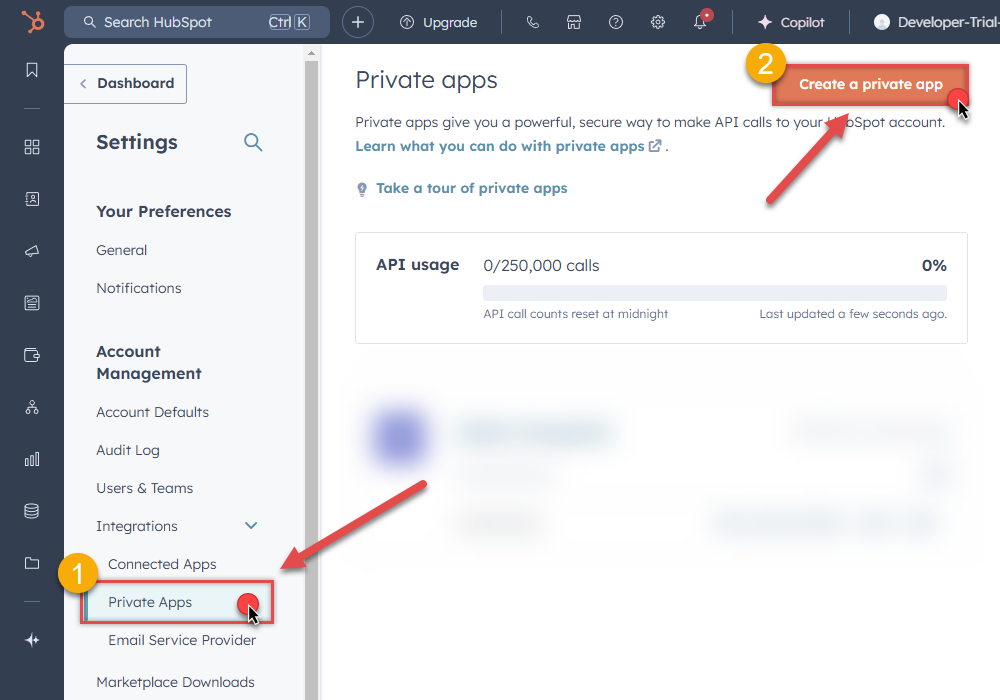 Create private app to get HubSpot data via REST API