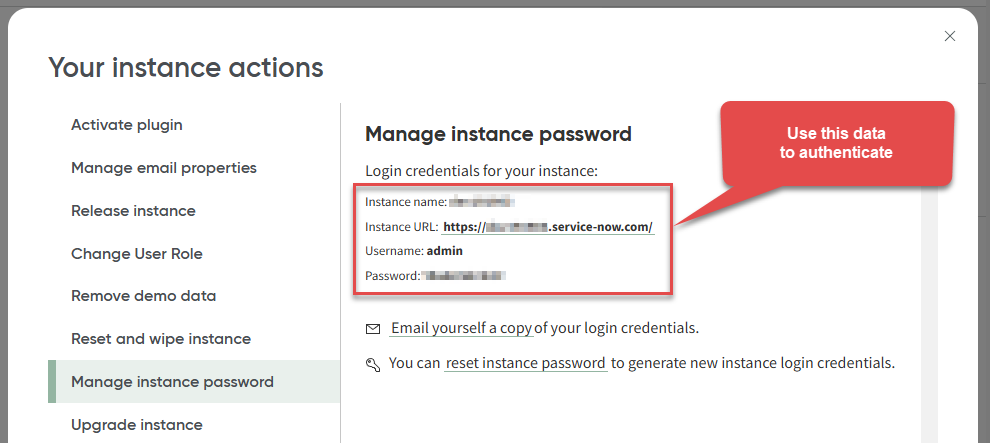 Use instance credentials to authenticate to ServiceNow