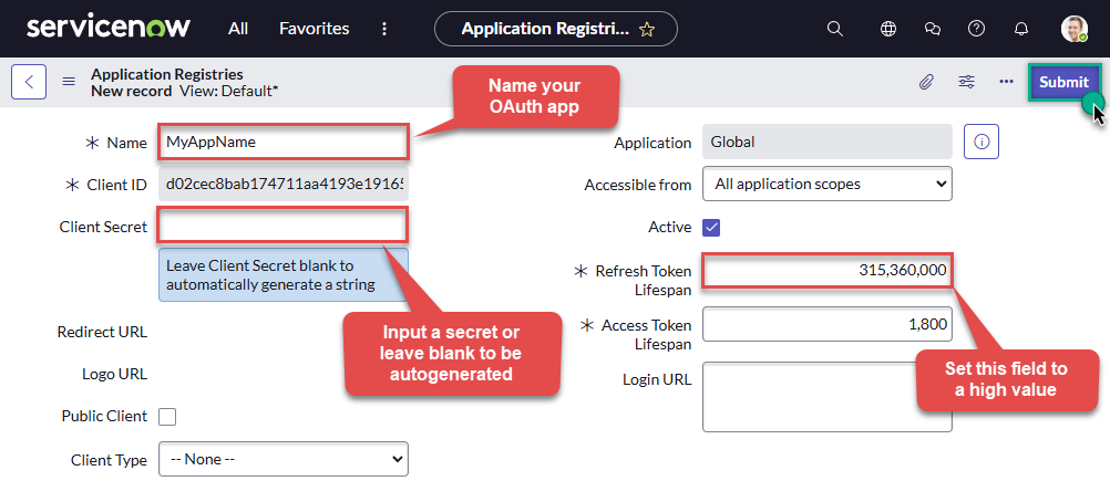 Configure OAuth application in ServiceNow