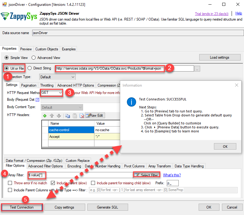 Configure JSON REST API source in ODBC driver UI