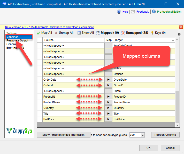 Map columns on API Destination