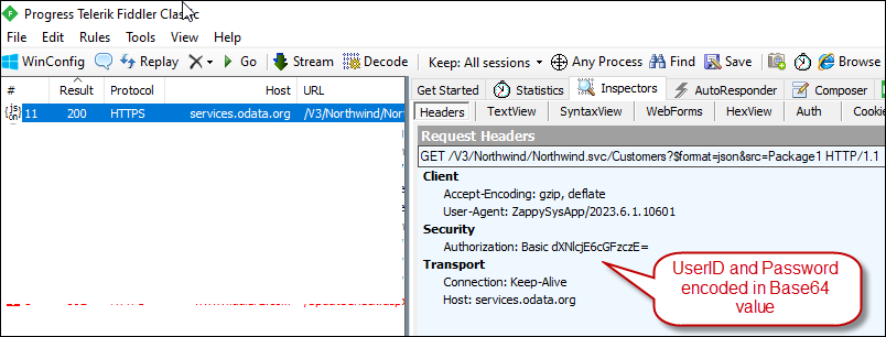 Base64 Encoded HTTP Basic Authorization Header View in Fiddler