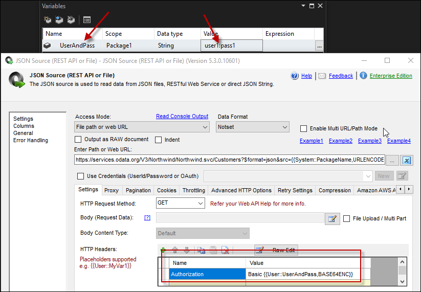 SSIS JSON Source Task - Pass Base64 Encoded HTTP Authorization Header