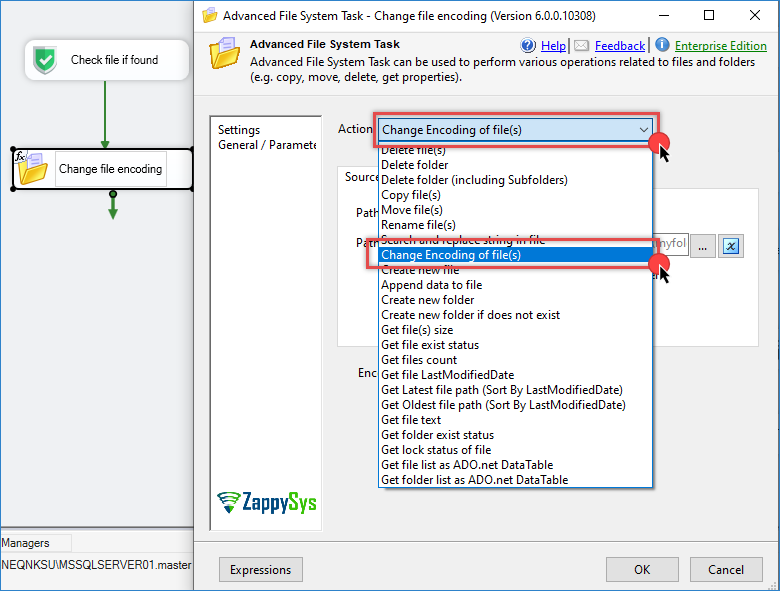 Change file encoding using SSIS Advanced File System Task