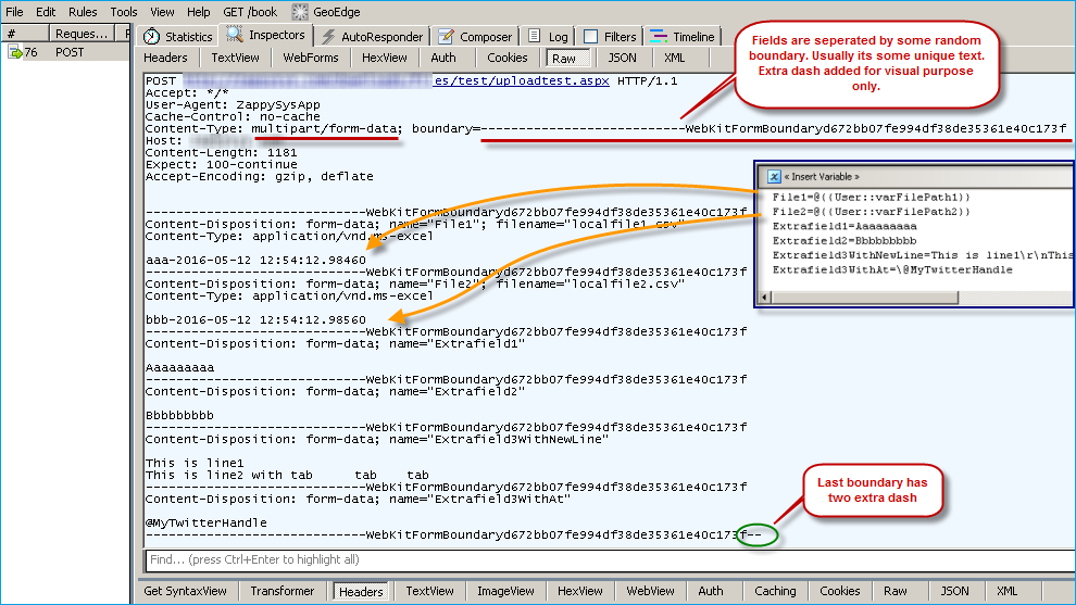 HTTP Multipart POST - File Upload Example - Check Fiddler Request
