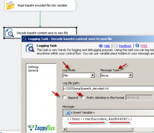 Decode base64 file content in SSIS - Use Logging Task