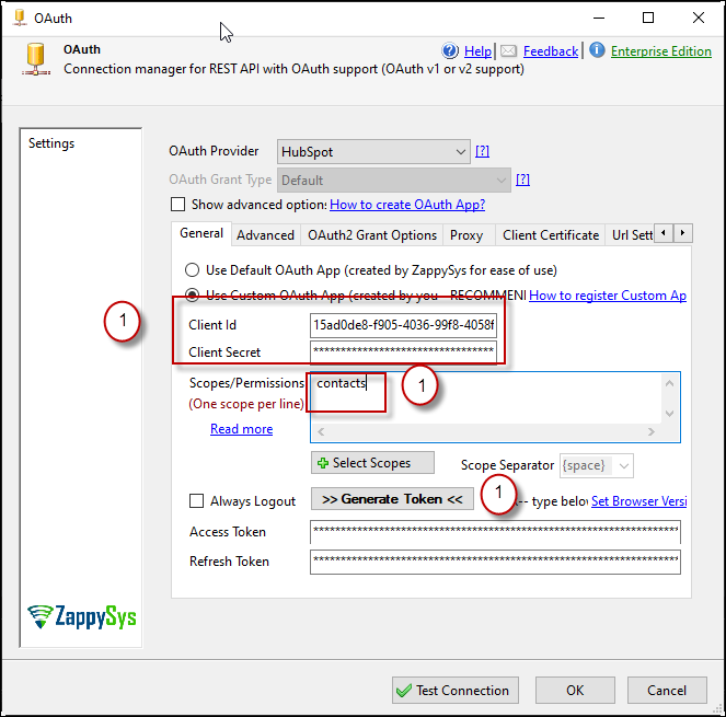 Input Client Id, Client Secret and Scopes to generate a token