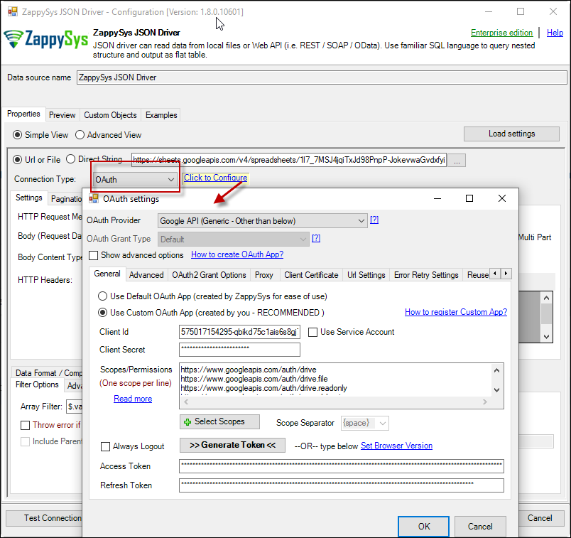 Configure OAuth Connection for ZappySys ODBC Drivers