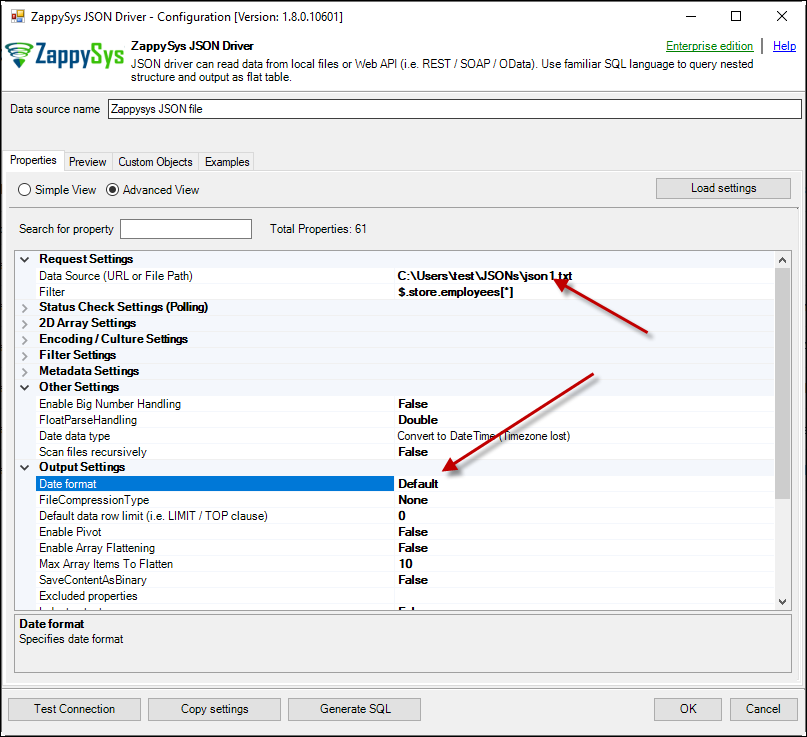 JSON file properties