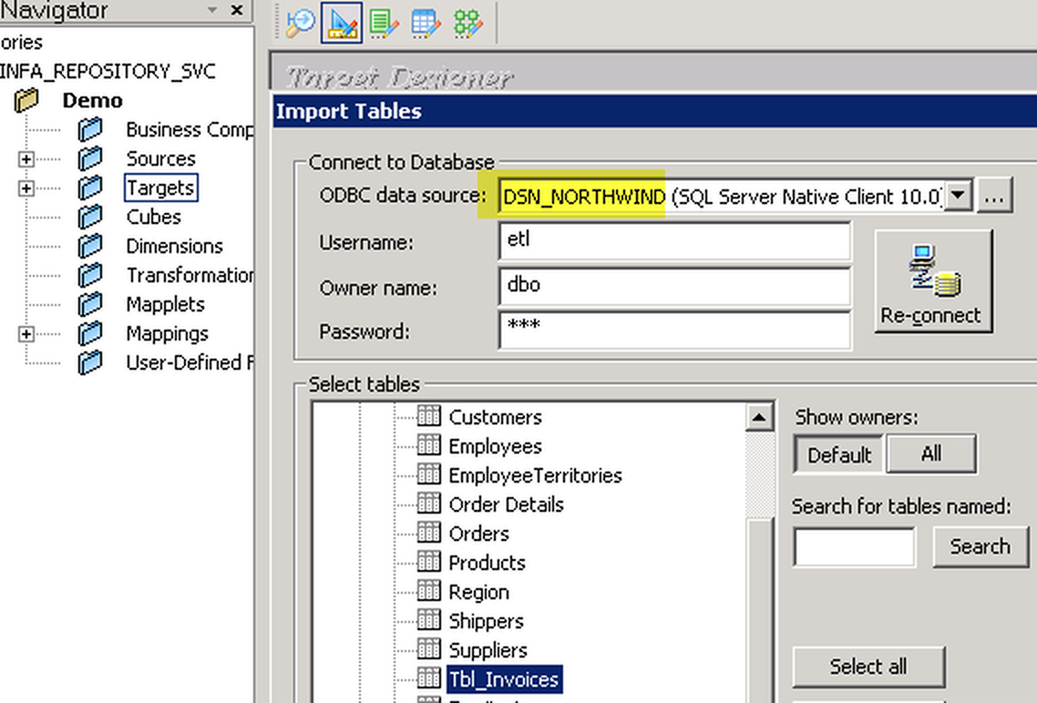 Import Target SQL Table Definition in Informatica - Select table from the list