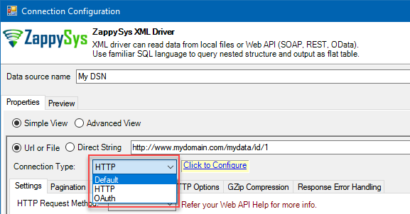 ZappySys XML Driver - HTTP and OAuth Connection Types