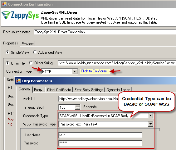 ZappySys XML Driver - Configure SOAP WSS Credentials or Basic Authorization (Userid, Password)