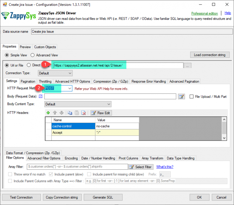 ODBC JSON Driver: Enter Request URL