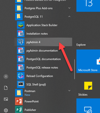 Open pgAdmin from Start Menu