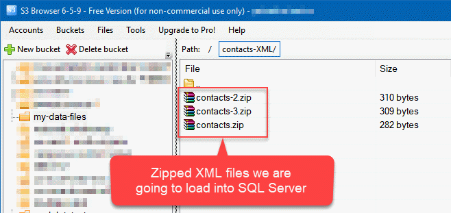 Zipped XML files located in Amazon S3 bucket to be loaded into SQL Server